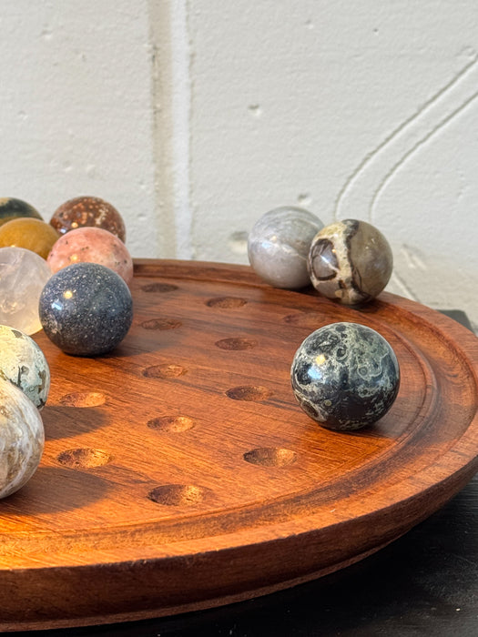 Vintage Hand Carved Solitaire Board with Large Semi-Precious Stone Marbles, c.1970s/80s