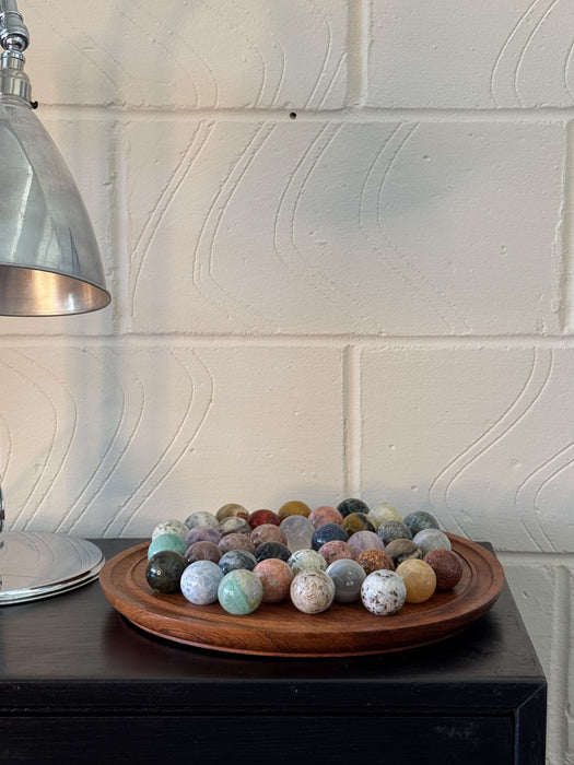 Vintage Hand Carved Solitaire Board with Large Semi-Precious Stone Marbles, c.1970s/80s