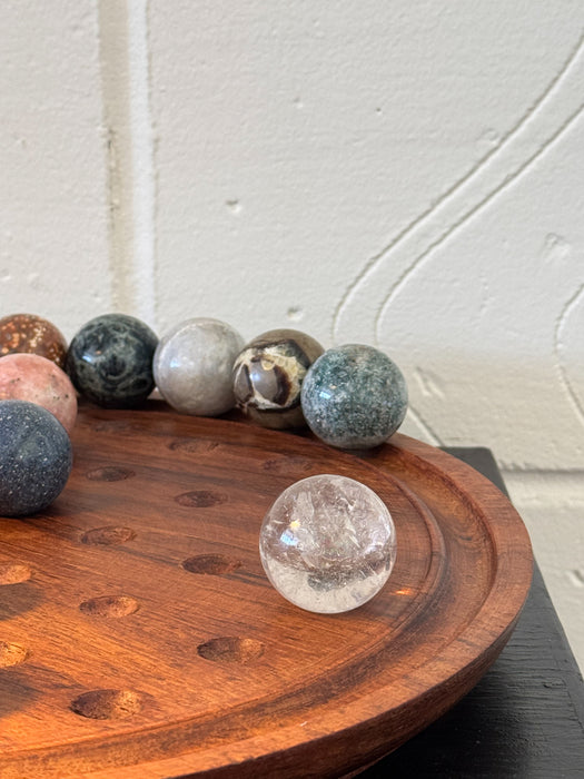Vintage Hand Carved Solitaire Board with Large Semi-Precious Stone Marbles, c.1970s/80s
