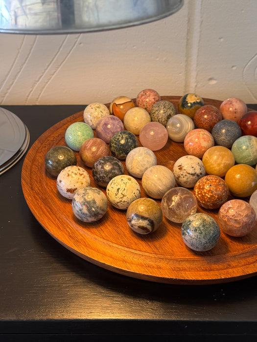 Vintage Hand Carved Solitaire Board with Large Semi-Precious Stone Marbles, c.1970s/80s