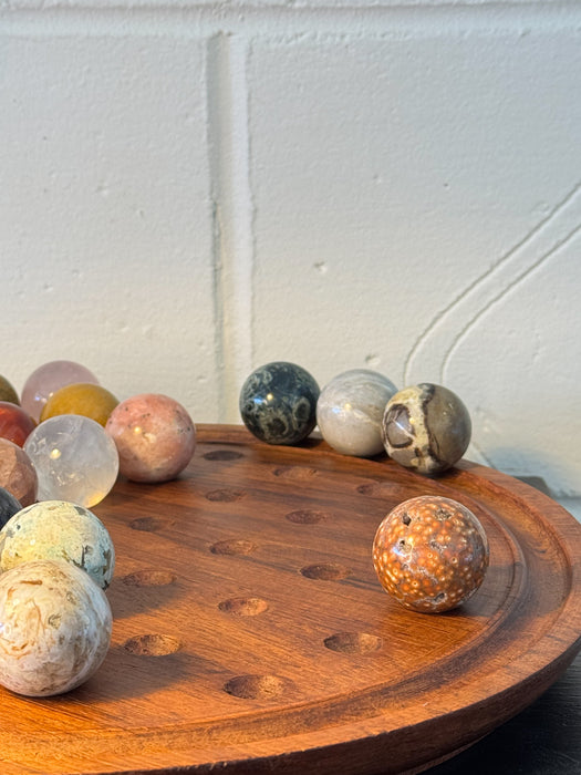 Vintage Hand Carved Solitaire Board with Large Semi-Precious Stone Marbles, c.1970s/80s