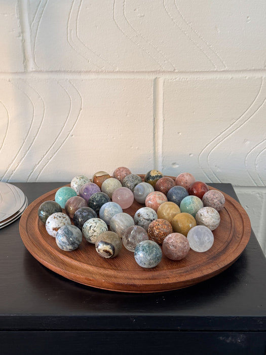 Vintage Hand Carved Solitaire Board with Large Semi-Precious Stone Marbles, c.1970s/80s