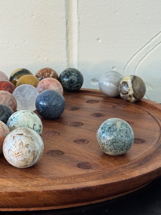 Vintage Hand Carved Solitaire Board with Large Semi-Precious Stone Marbles, c.1970s/80s